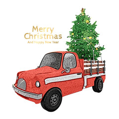 Red old christmas truck carrying a Christmas tree with merry christmas font.Vector cartoon illustration.