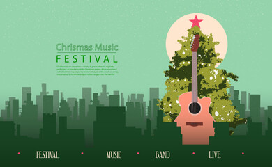 Greeting card christmas music concept with guitar and christmas tree.
