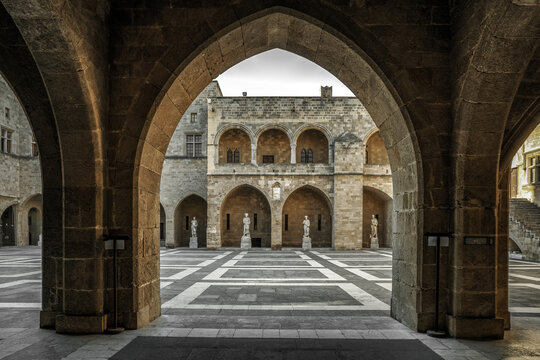 Courtyard insede of Palace of the Grand Master of the Knights of Rhodes in Old town of Rhodes island, Greece