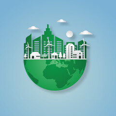 Eco Friendly and Green Energy. Ecology concept with Green Eco Earth and Trees. Vector illustration