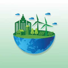 Eco Friendly and Green Energy. Ecology concept with Green Eco Earth and Trees. Vector illustration