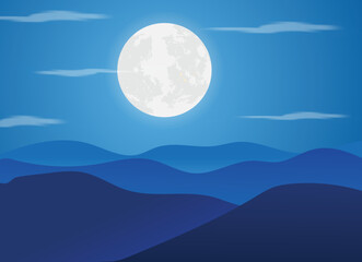 Naklejka na ściany i meble full moon night with mountain view. vector illustration