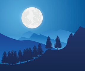 full moon night with mountain view. vector illustration