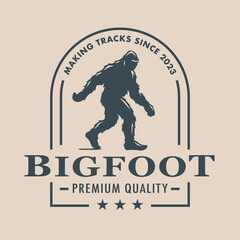 Bigfoot walking logo design. Sasquatch silhouette icon. Hairy wild man symbol. Cryptid company emblem. Mythical skunk-ape outdoor brand design element. Vector illustration. - obrazy, fototapety, plakaty