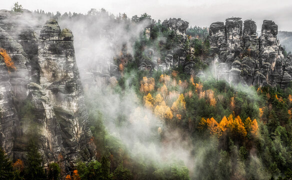Rock formations and misty weather in colorful autumn forest at Saxon Switzerland in Germany