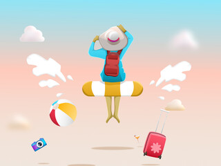 Travel concept. Young woman sitting back on a tube with beach ball, camera and suitcase.  3d illustration for content  summer leisure travel, beach vacation, feeling of freedom, lifestyle relaxation