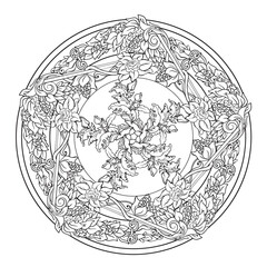 Floral mandala with abstract decorative plants. Hand drawn vector illustration.