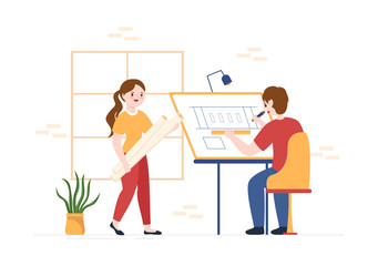 Drafting, Engineer or Architect Working on Drawing Board Projecting and Draft in Flat Cartoon Hand Drawn Templates Illustration