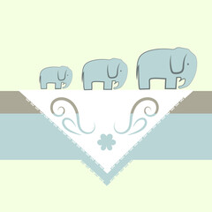 The postcard is square, three gray elephants stand on a white napkin with a pattern on the shelf. tricolor pastel pattern