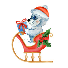 Christmas illustration watercolor cute christmas polar bear with gift boxes and wearing santa claus hat. santa claus sleigh. Ideal for t-shirt logo, greeting card, poster, invitation or print design