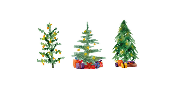 Watercolor set of Сhristmas tree, soft, green, white background
