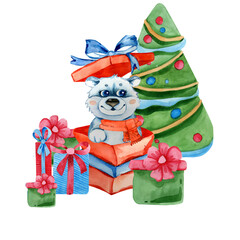 Christmas illustration watercolor cute christmas polar bear in gift box and wearing santa claus hat. Christmas tree. Ideal for t-shirt logo, greeting card, poster, invitation or print design