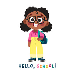 Cute school girl with backpack. Vector cartoon character with 1 September and school theme. Smiling afro american teenager in street style.