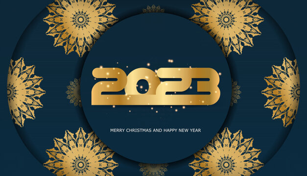 Blue and gold color. Happy new year 2023 greeting poster.
