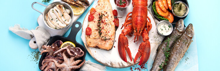 Various seafood and fishes dishes