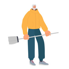 Smiling elderly Man carrying broom. Senior cleaning man with beard, gray hair wearing casual clothes. Mature Man going to sweep floor, do cleaning. Colored flat cartoon vector illustration isolated.