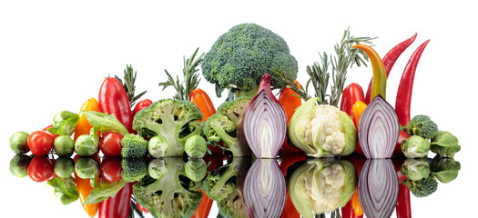 Raw vegetables are isolated on a white background.