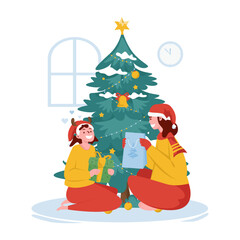 Exchanging Christmas gifts with mom flat illustration