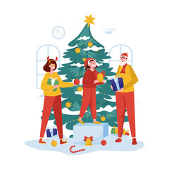 Family decorating Christmas tree flat illustration