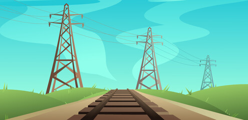 Railway track road past high voltage power lines. Path for train going into distance. Rails and sleepers. Cartoon fun style. Flat design. Vector.