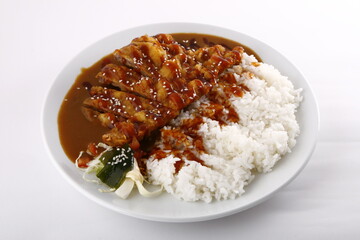 Beef teriyaki with curry sauce and white rice