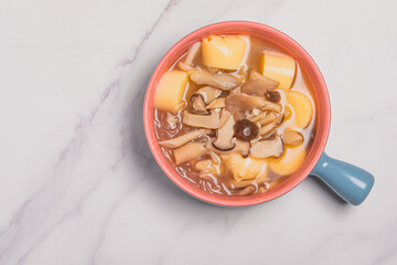 Fototapeta na wymiar Mushroom soup with tofu, healthy concept.