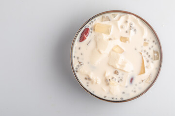 fresh milk tofu in a cup on white background Taohuai Fruit Salad