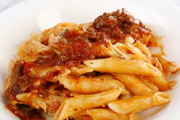 Penne pasta with meat sauce