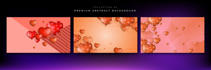 Purple orange Valentine christmas new year 3d design background with love heart shaped balloon. Vector illustration, greeting banner, card, wallpaper, flyer, poster, brochure, wedding invitation