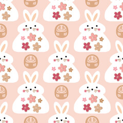 Awesome  seamless pattern with cute rabbits, flowers, Daruma  Happy japanese  new  year, 20023 - year of the Rabbit. Vector  hand drawn  illustration.