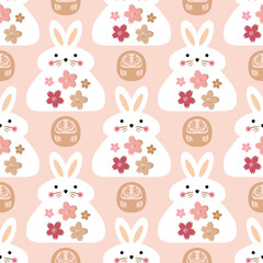 Awesome  seamless pattern with cute rabbits, flowers, Daruma  Happy japanese  new  year, 20023 - year of the Rabbit. Vector  hand drawn  illustration.