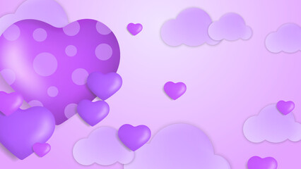 Purple violet Valentine christmas new year 3d design background with love heart shaped balloon. Vector illustration, greeting banner, card, wallpaper, flyer, poster, brochure, wedding invitation