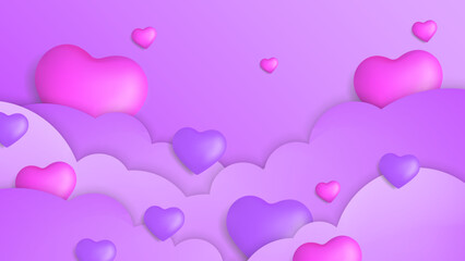 Purple violet Valentine christmas new year 3d design background with love heart shaped balloon. Vector illustration, greeting banner, card, wallpaper, flyer, poster, brochure, wedding invitation