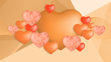 Orange red Valentine christmas new year 3d design background with love heart shaped balloon. Vector illustration, greeting banner, card, wallpaper, flyer, poster, brochure, wedding invitation