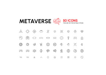 50 Thin line icons with editable stroke, Metaverse, Virtual reality icon set.
