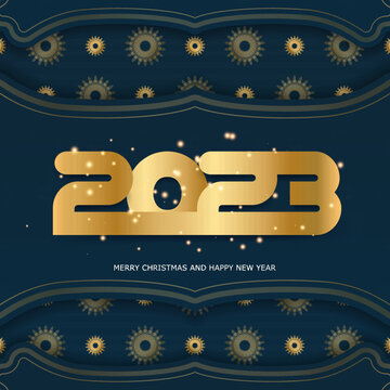2023 happy new year greeting banner. Golden pattern on Blue.