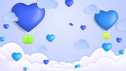 Blue purple Valentine christmas new year 3d design background with love heart shaped balloon. Vector illustration, greeting banner, card, wallpaper, flyer, poster, brochure, wedding invitation