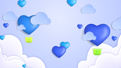 Blue purple Valentine christmas new year 3d design background with love heart shaped balloon. Vector illustration, greeting banner, card, wallpaper, flyer, poster, brochure, wedding invitation