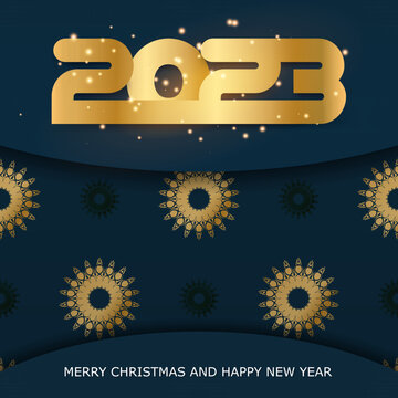 2023 happy new year greeting background. Golden pattern on Blue.