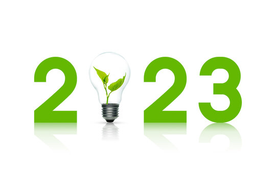 Green Energy 2023 concept. Light bulb with sprout inside and 2023, white background.