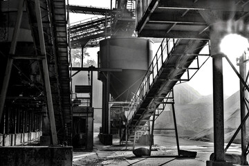 industrial plant of a sand mine in black and white