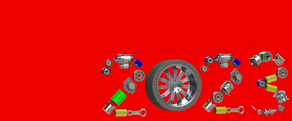 Number 2023 made from car spare parts for Christmas and New year eve banner 3D illustration