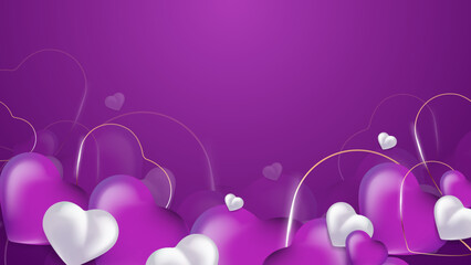 Purple and white Valentine christmas new year 3d design background with love heart shaped balloon. Vector illustration, greeting banner, card, wallpaper, flyer, poster, brochure, wedding invitation