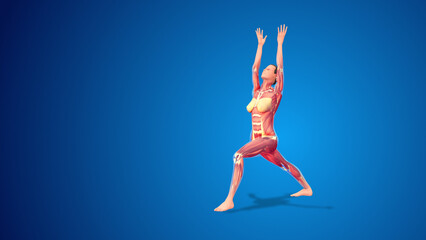 Fototapeta na wymiar 3D human Virabhadrasana I Variation extended warrior I yoga pose on blue background