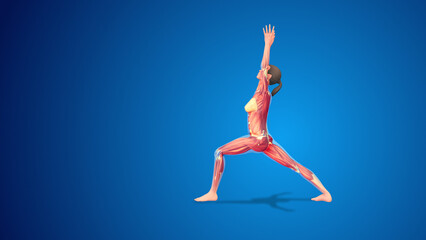 3D human Virabhadrasana I Variation extended warrior I yoga pose on blue background