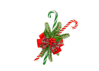 Christmas Greeting Card with Red Ribbon, Fir branches, Holly  Berries and Candy Cane on transparent...