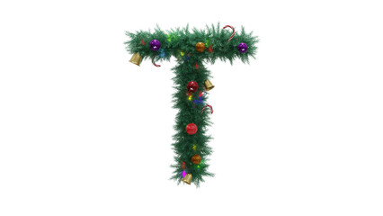 Capital letter T from Christmas tree twigs with decorations on transparent background. Christmas alphabet. Letters from Christmas tree branches with decorations. 3d illustration