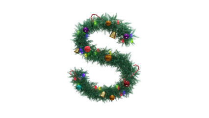Capital letter S from Christmas tree twigs with decorations on transparent background. Christmas alphabet. Letters from Christmas tree branches with decorations. 3d illustration