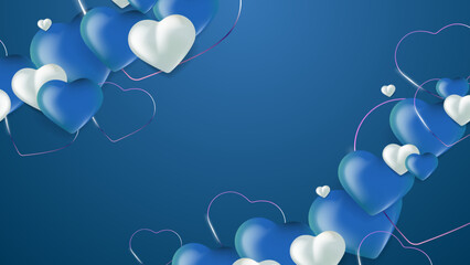 Blue pink and white Valentine christmas new year 3d design background with love heart shaped balloon. Vector illustration, greeting banner, card, wallpaper, flyer, poster, brochure, wedding invitation