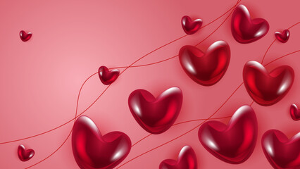 Red Valentine christmas new year 3d design background with love heart shaped balloon. Vector illustration, greeting banner, card, wallpaper, flyer, poster, brochure, wedding